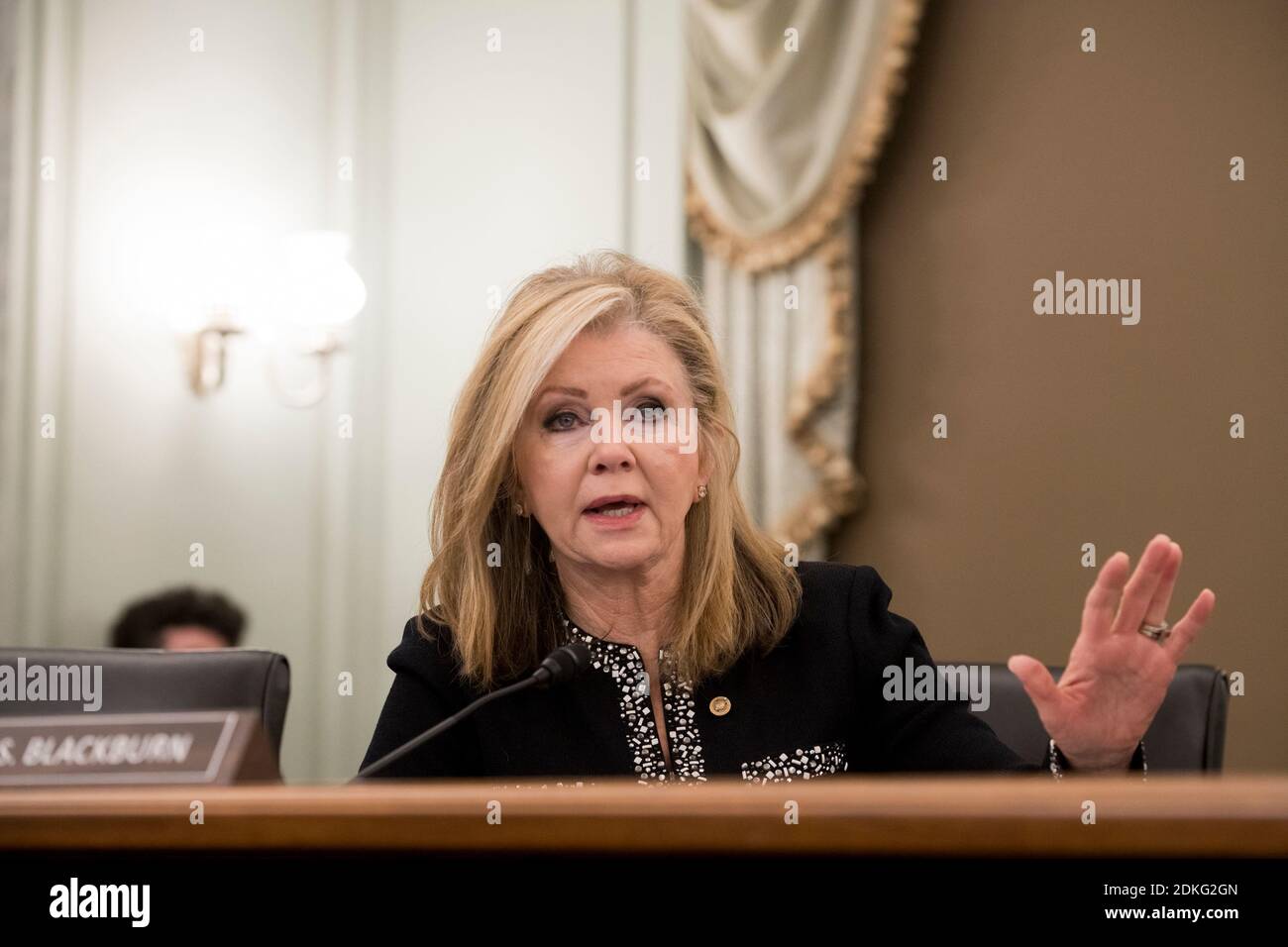 United States Senator Marsha Blackburn (Republican of Tennessee) questions the panel during a Senate Committee on Commerce, Science, and Transportation - Subcommittee on Manufacturing, Trade, and Consumer Protection hearing to examine the impact of COVID-19 on the live event entertainment industry in the Russell Senate Office Building on Capitol Hill in Washington, DC, Tuesday, December 15, 2020.Credit: Rod Lamkey/CNP /MediaPunch Stock Photo