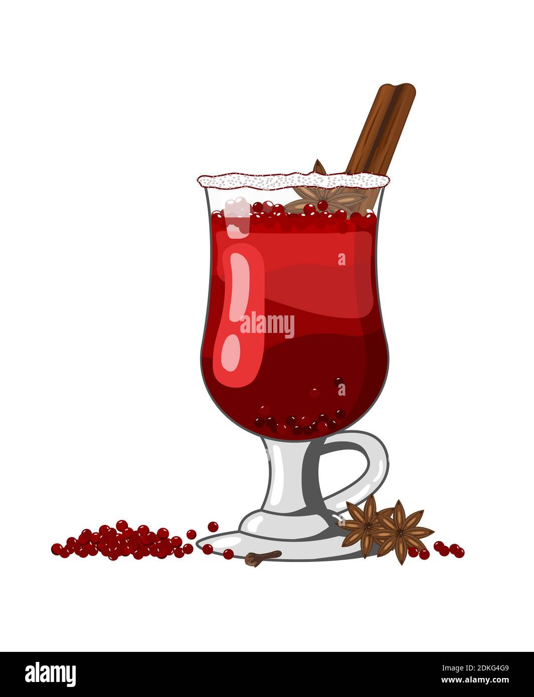 Winter hot cranberry cocktail or punch drink with red berries in glass.  Vector illustration in flat style on white background Stock Vector