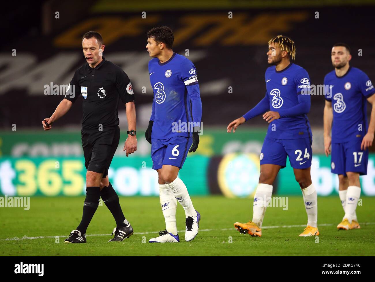 Match referee Stuart Attwell is spoken to by Chelsea's Thiago Silva during  the Premier League match at Molineux, Wolverhampton Stock Photo - Alamy