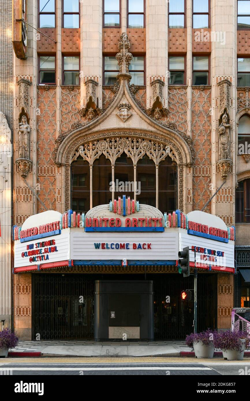 Los Angeles, California - August 26, 2020: Ace Hotel Downtown Los Angeles containing the United Artists Theatre. Stock Photo