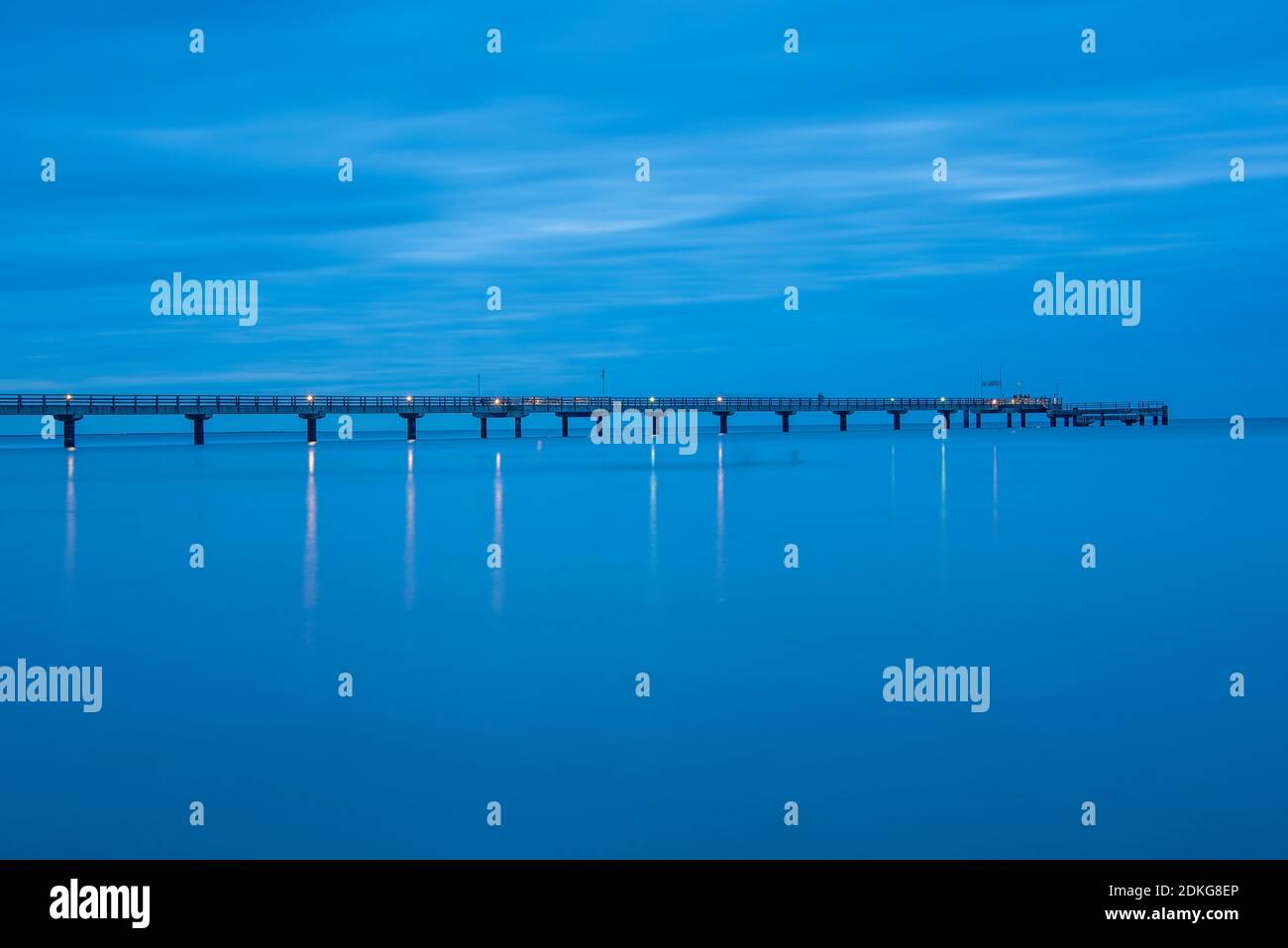 Prerow pier at blue hour, Baltic Sea, Mecklenburg-Western Pomerania, Germany Stock Photo