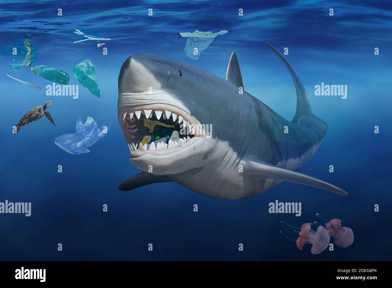 Shark devours plastic garbage [M] Stock Photo - Alamy