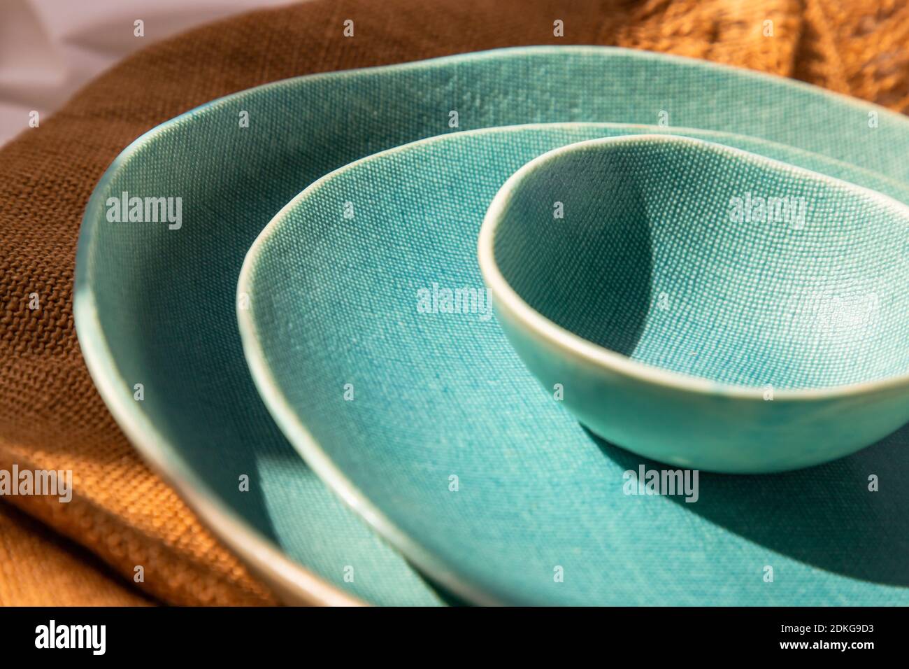 Detailed of Ceramic Plates on Sackcloth. Home decor, Ceramic tableware