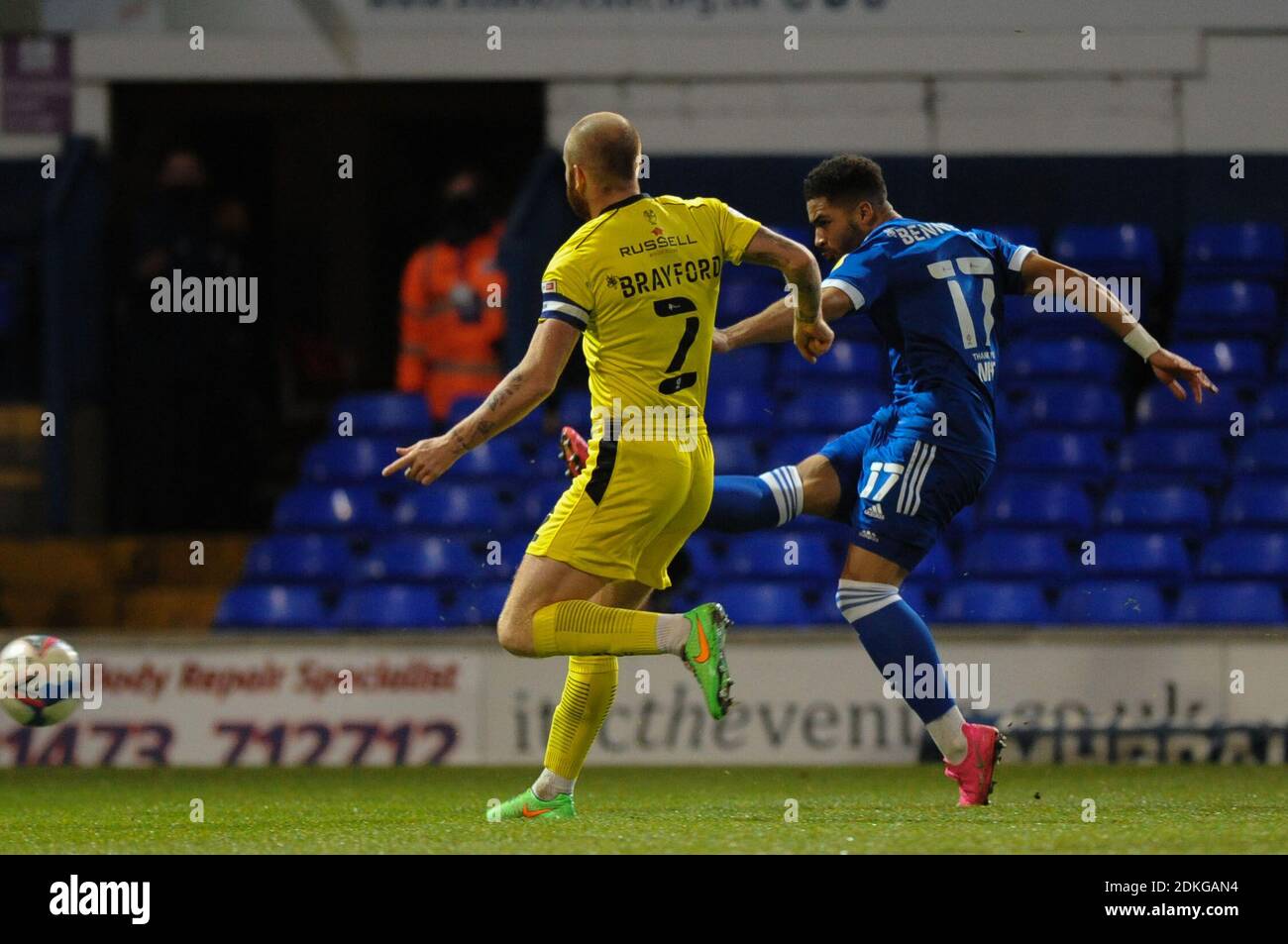 Ipswich, Suffolk, UK. 15th December, 2020. Ipswichs Keanan Bennetts scores the opening goal during the Sky Bet League 1 match between Ipswich Town and Burton Albion at Portman Road, Ipswich on Tuesday 15th December 2020. (Credit: Ben Pooley | MI News) Credit: MI News & Sport /Alamy Live News Stock Photo