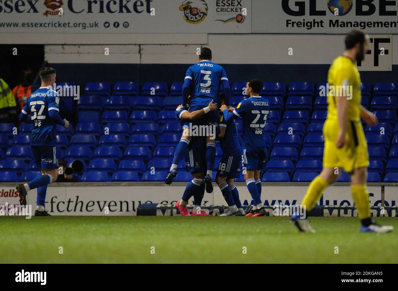 Ipswich, Suffolk, UK. 15th December, 2020. Ipswichs Keanan Bennetts scores the opening goal during the Sky Bet League 1 match between Ipswich Town and Burton Albion at Portman Road, Ipswich on Tuesday 15th December 2020. (Credit: Ben Pooley | MI News) Credit: MI News & Sport /Alamy Live News Stock Photo