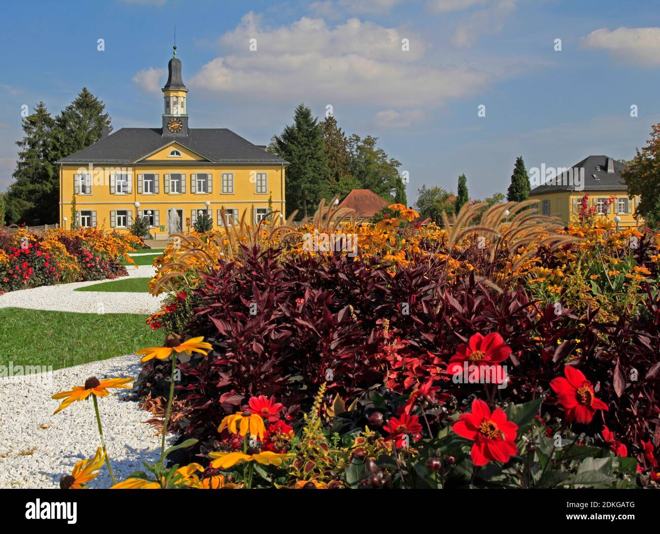Salt works building, flower beds, spa gardens, Bad Rappenau, Baden-Wuerttemberg, Germany Stock Photo