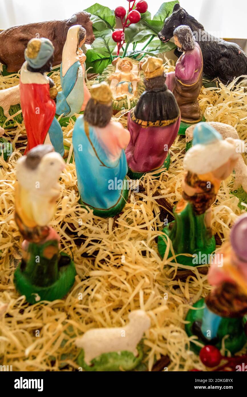 Small and simple Catholic crib made with plaster and straw in central