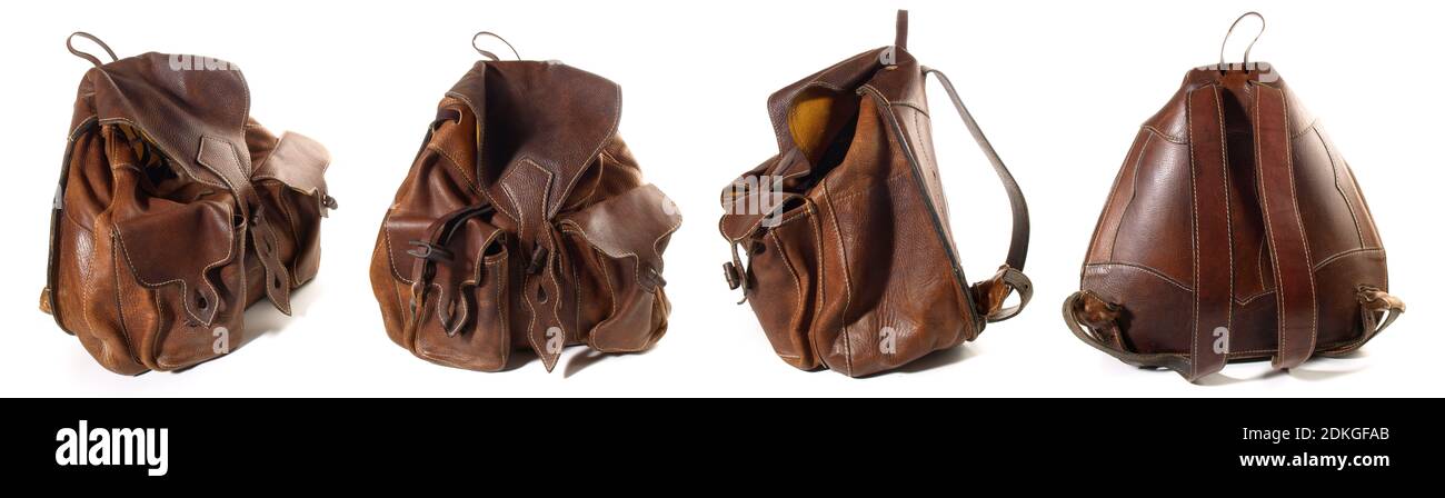 Old Leather Backpack Panorama isolated on white Background Stock Photo