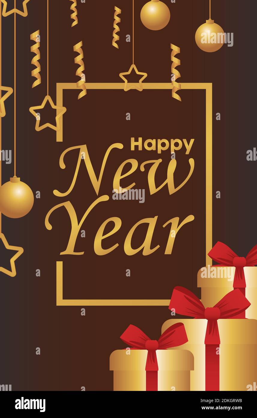 happy new year lettering card with gold balls and gifts vector ...