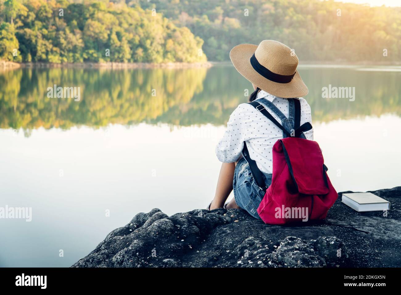 Rear View Of Girl Sitting By Lake Against Clear Sky Stock Photo