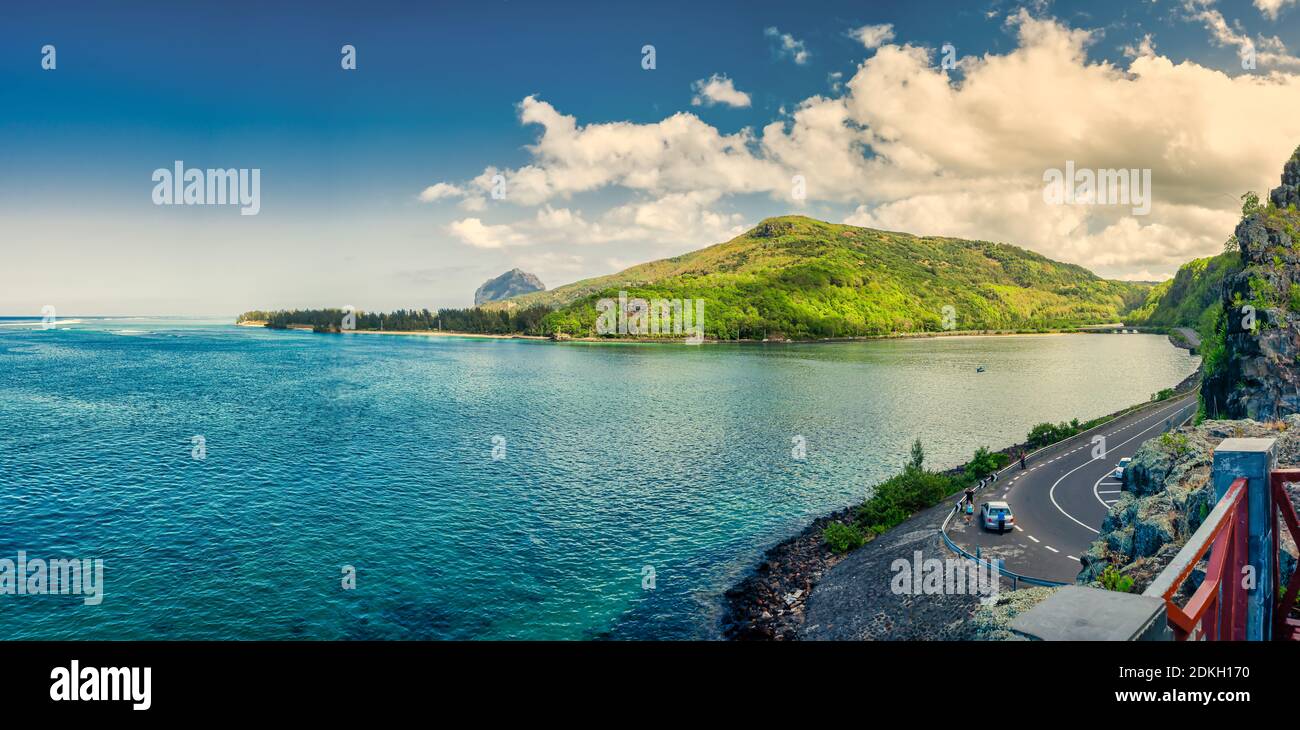The beautiful ocean view from the Captain Matthew Flinders Monument in Mauritius. Stock Photo