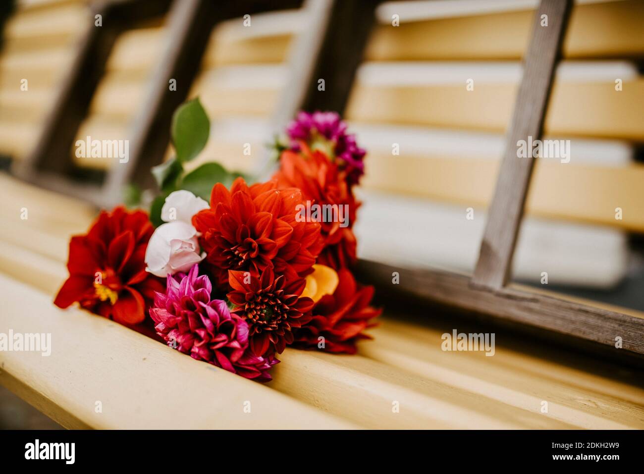 Dahlia bouquet, wooden ladder, garden bench Stock Photo