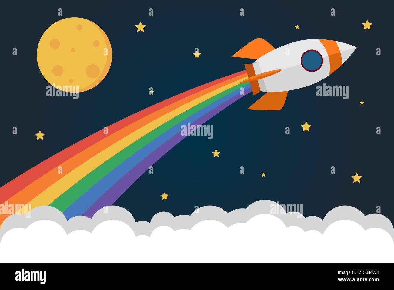 Rocket flies into space and emits smoke in the colors of the rainbow. Copy space for design or text. Flat vector illustration Stock Vector