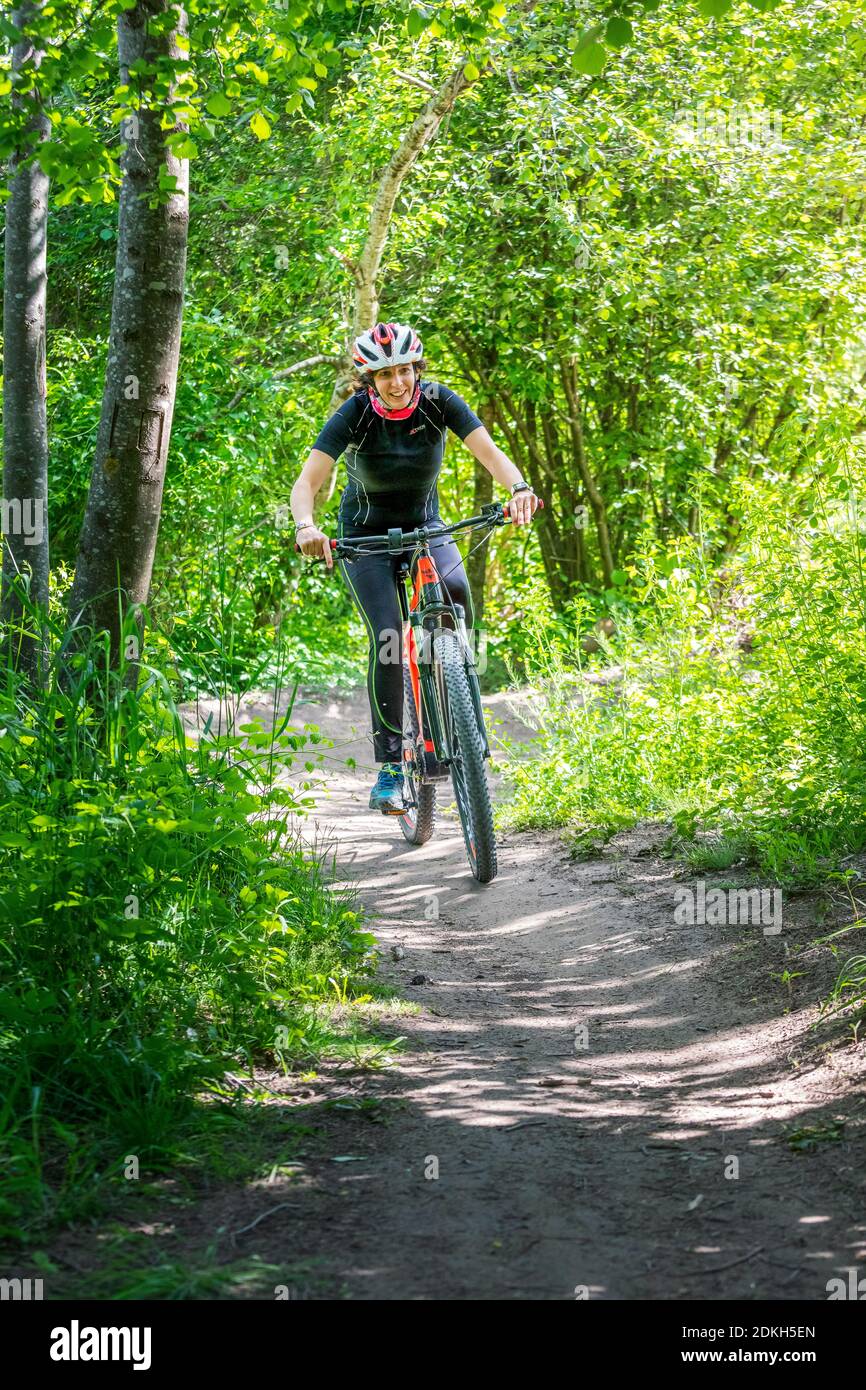 Italy, Veneto, Belluno, Agordino, woman cyclist (45 years old) with an e-bike on a dirt road in the woods Stock Photo