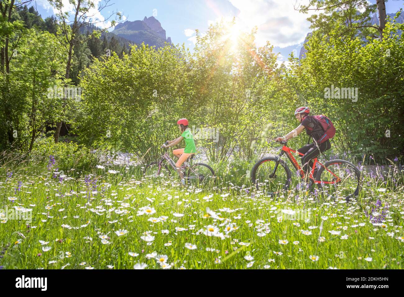 Italy, Veneto, Belluno, Agordino, smiling mom and daughter ride their bikes through the flowering meadows Stock Photo