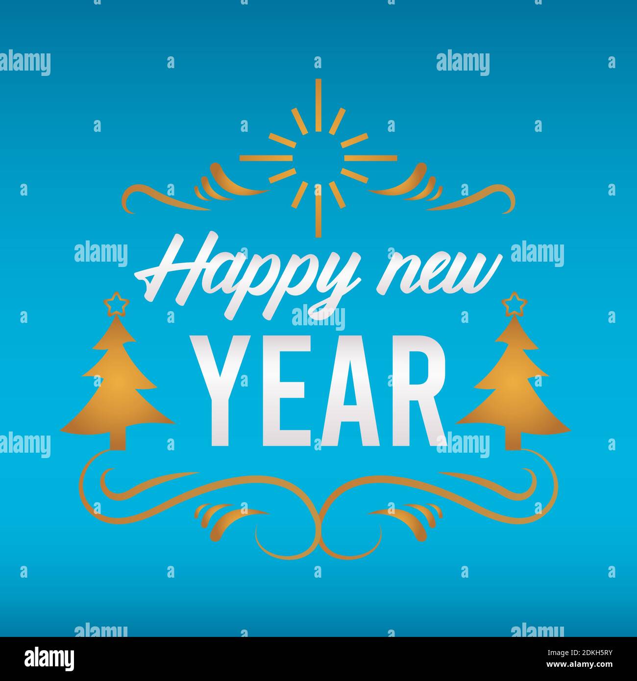 happy new year lettering card with pines trees golden vector ...