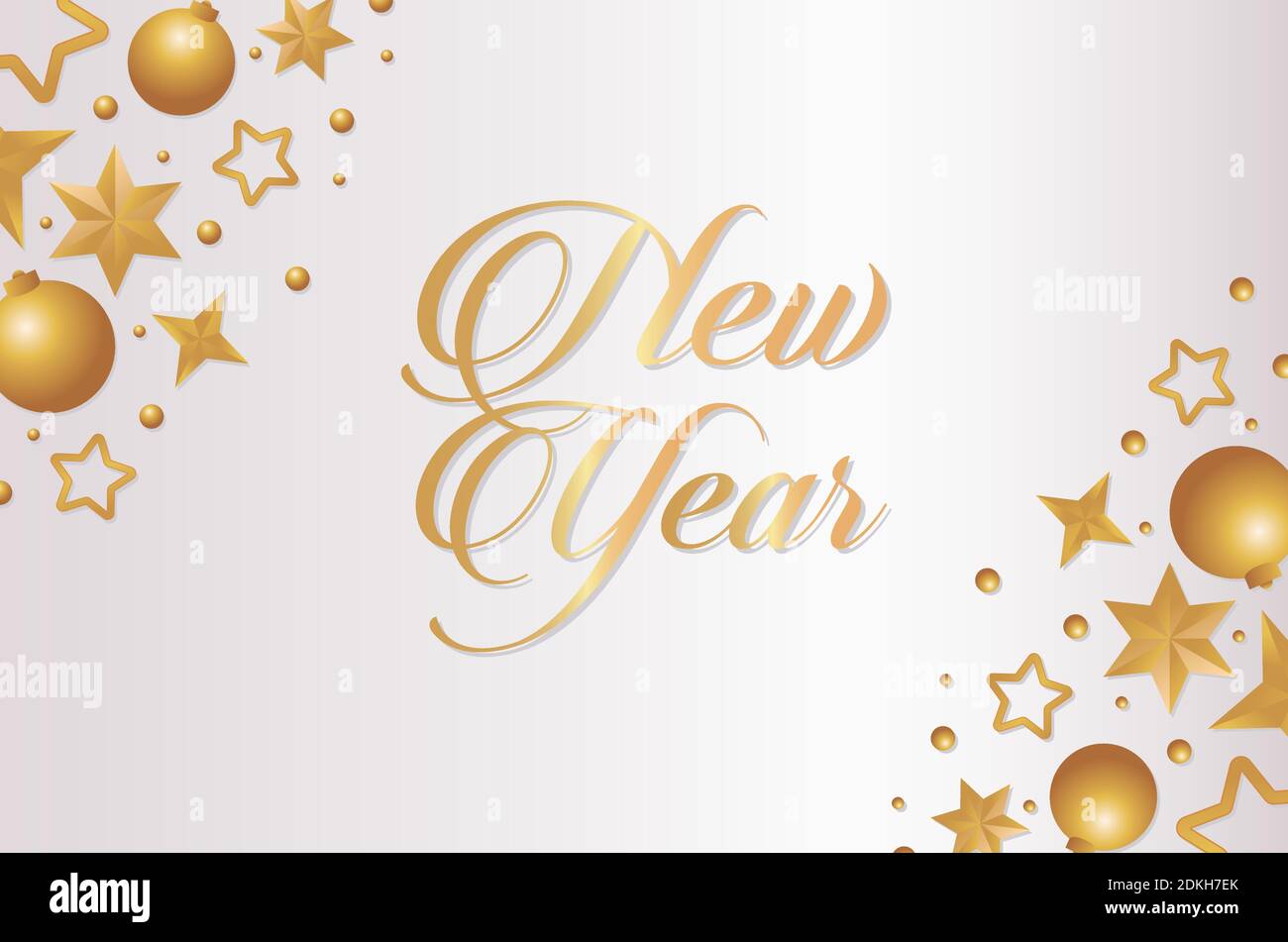 happy new year golden lettering card with balls and stars vector ...