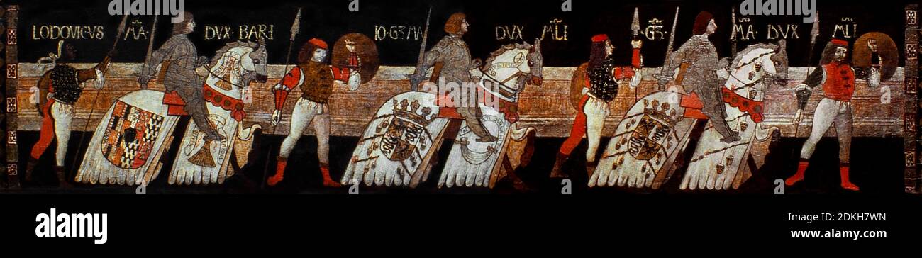 Italian Renaissance Unknown author. Parade of Dukes. oil painting on wood. about 1493 cm 151 x 43. Stock Photo
