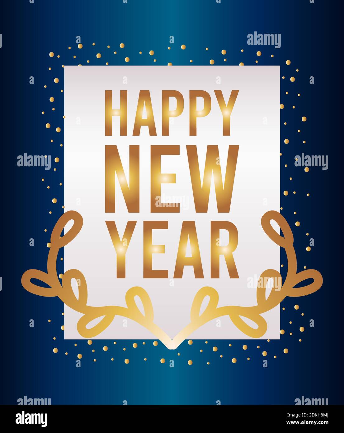 happy new year lettering card with golden wreath vector illustration ...