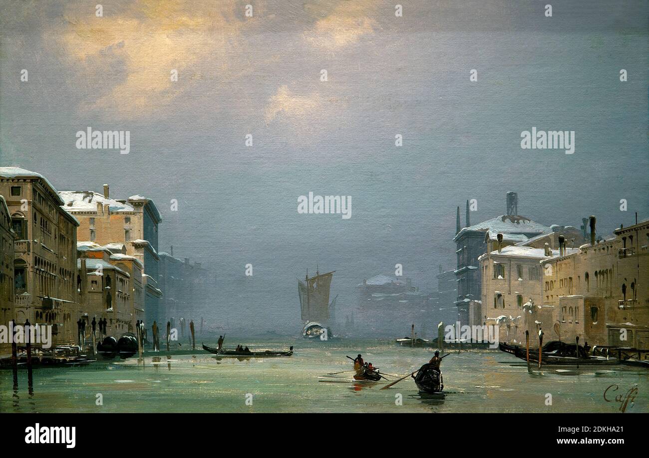 Ippolito Caffi. 1809-1866. Snow and fog in the Grand Canal. about 1849. painting oil on canvas. cm 26 x 42. Stock Photo
