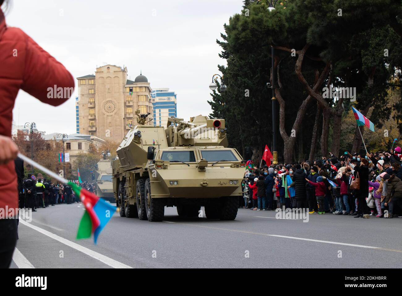 Azerbaijan artillery weapons in the victory parade. 152mm SpGH DANA is a wheeled self-propelled artillery piece. Baku - Azerbaijan: 10 December 2020. Stock Photo
