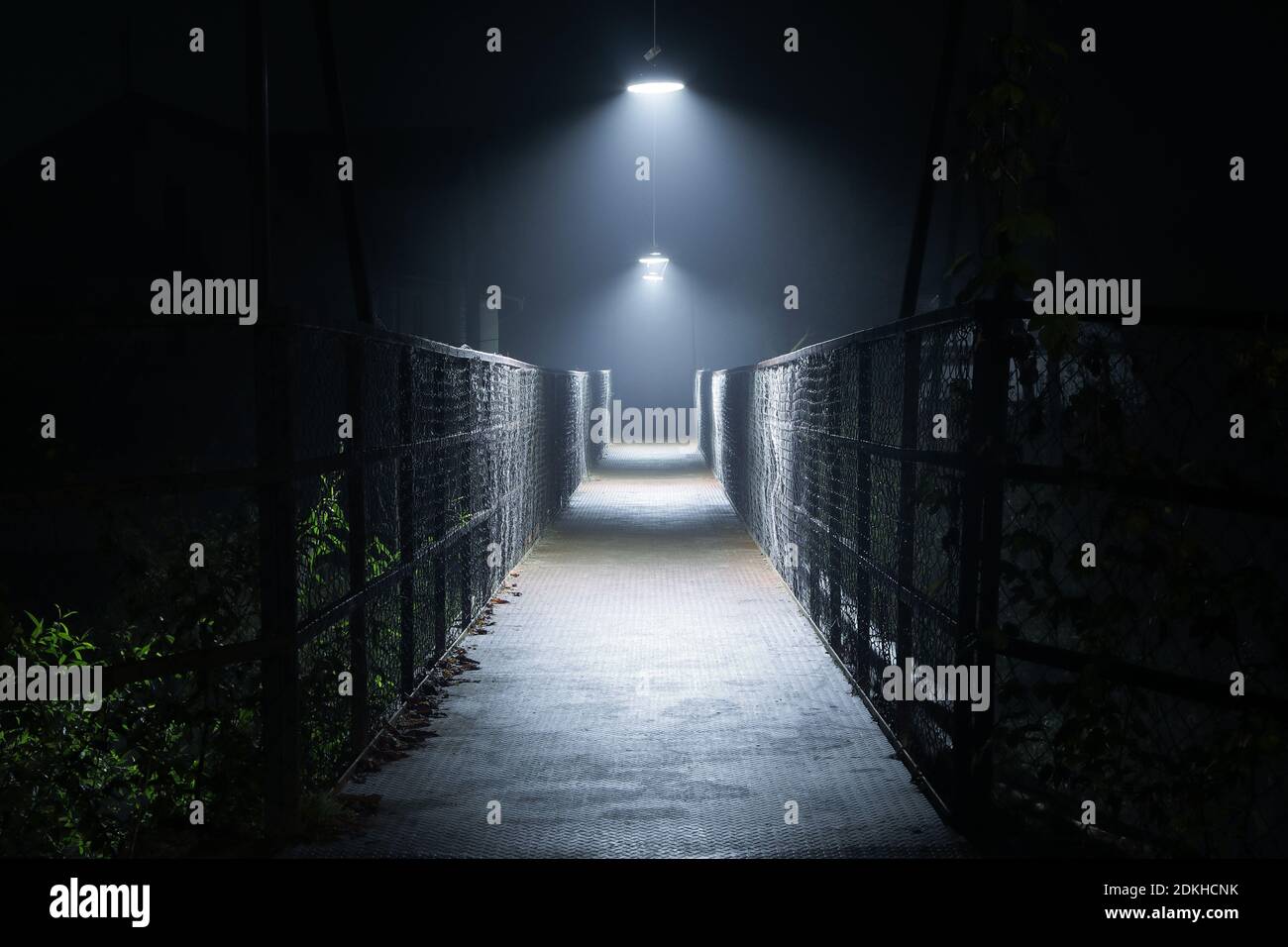 Night foggy scene. Steel structure bridge Stock Photo - Alamy