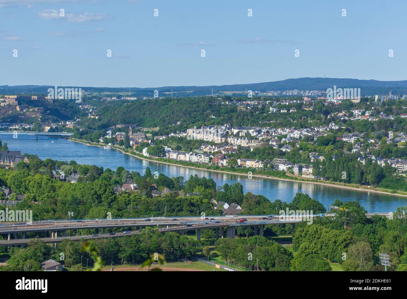 View from Rittersturz on Horchheimer Bridge and the Rhine Valley, Koblenz, Rhineland-Palatinate, Germany, Europe Stock Photo