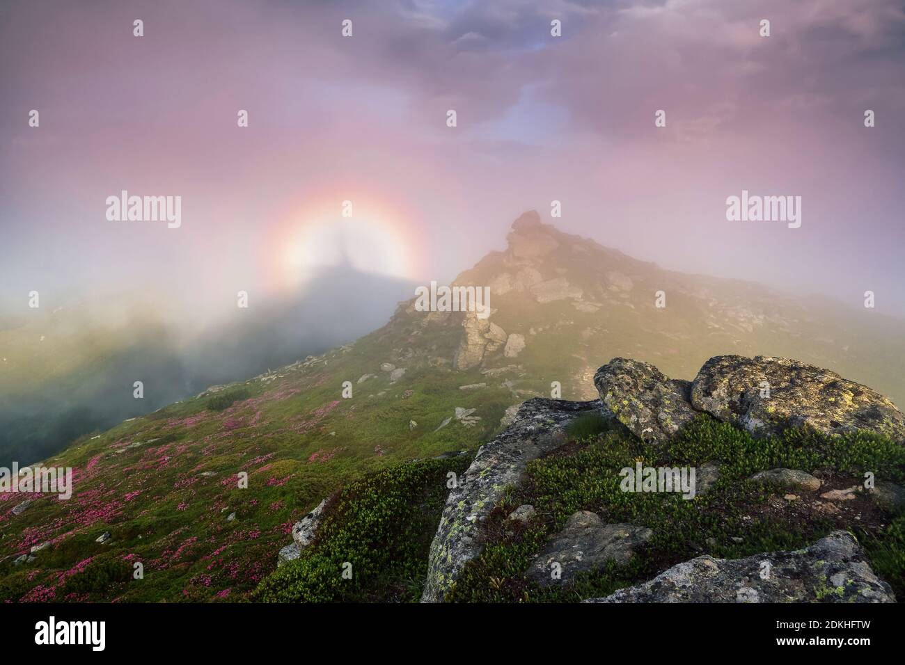 Brocken Spectre in the meadow among the highest mountains , fog and ...