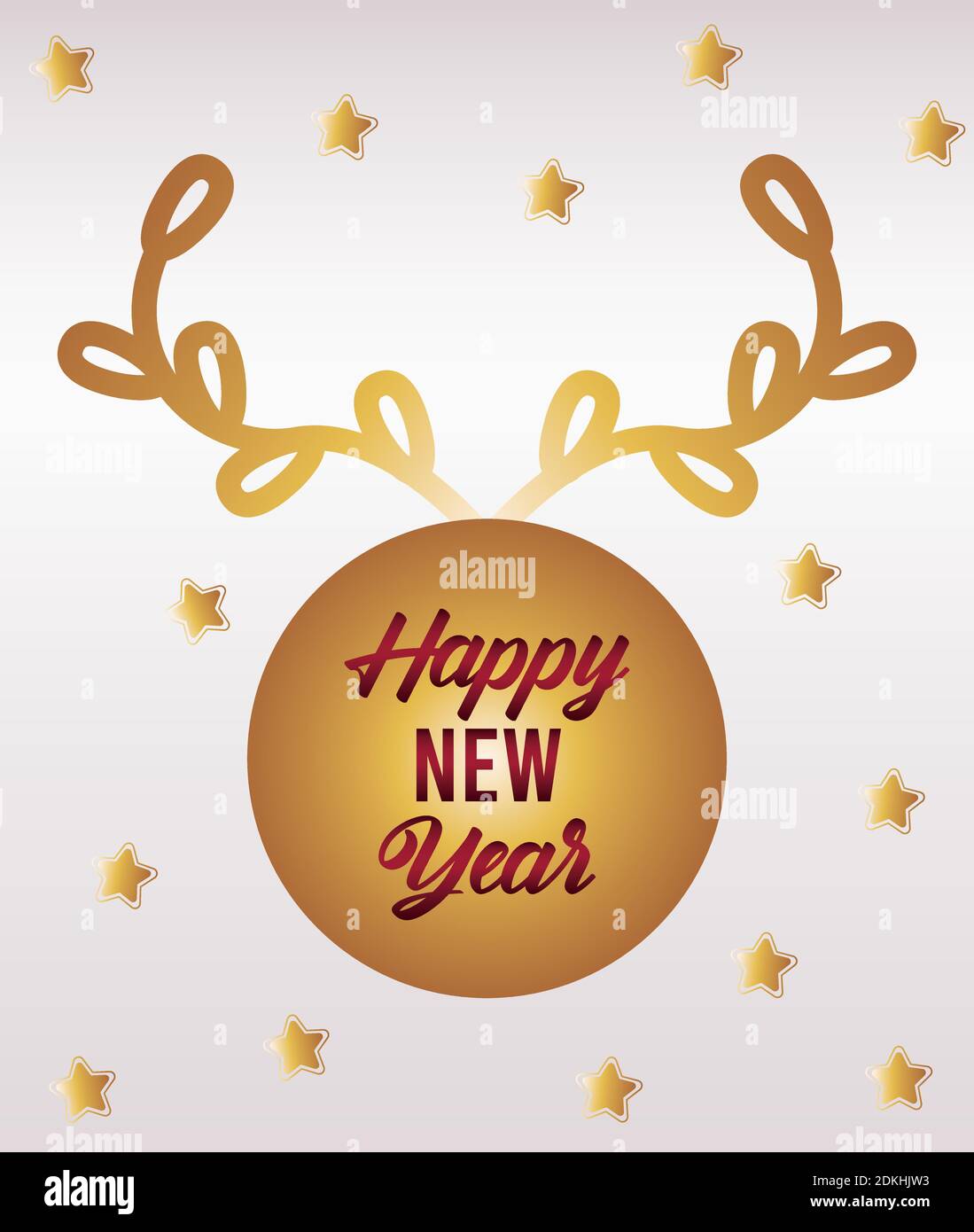 happy new year lettering card with golden wreath and stars vector ...