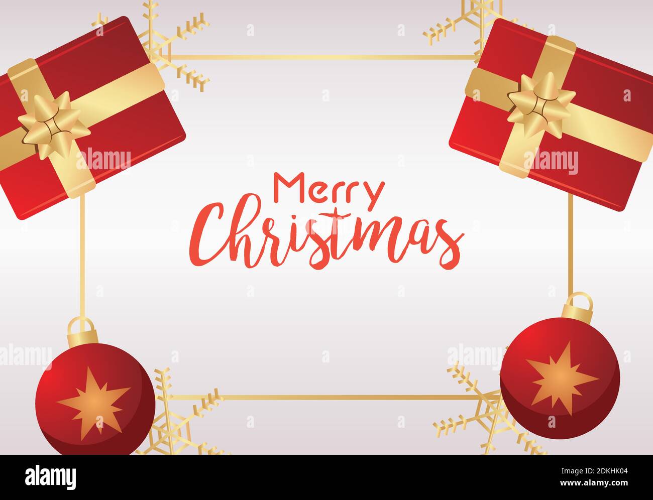 merry christmas and happy new year lettering card with gifts and balls ...