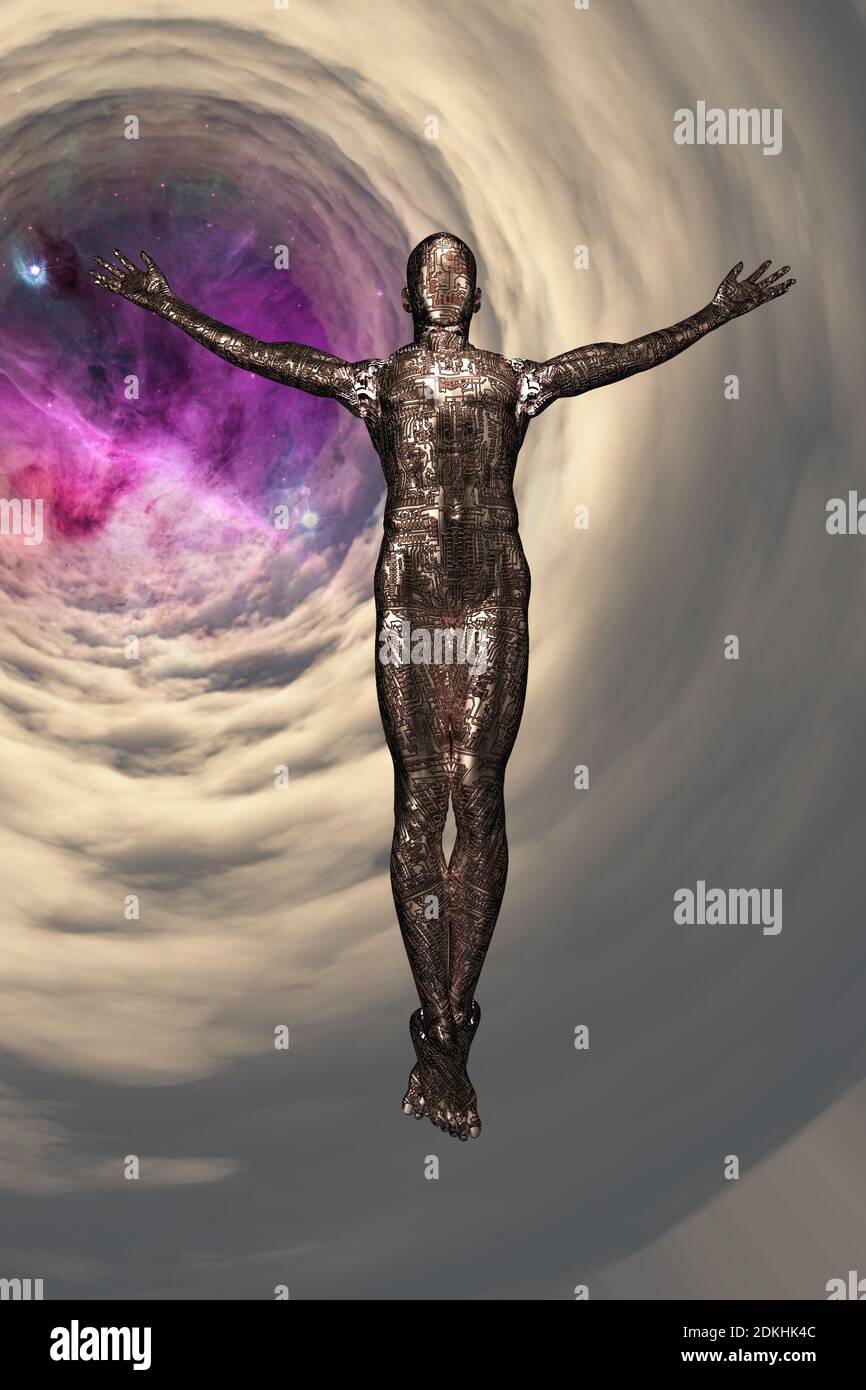 Droid ascension in vortex of clouds. Sci-fi and spiritual scene. 3D ...