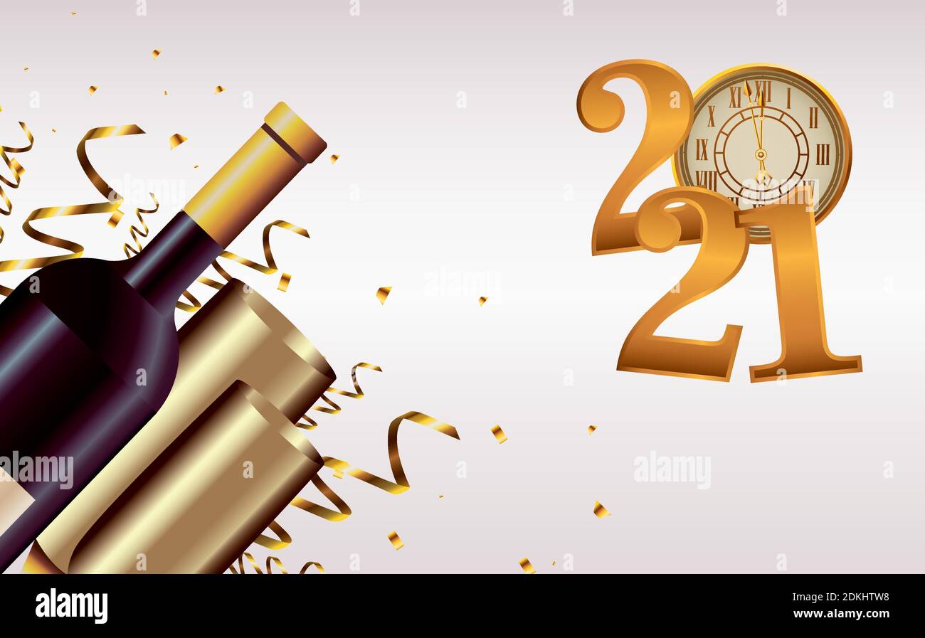 happy new year lettering card with 2021 number and champagne vector ...