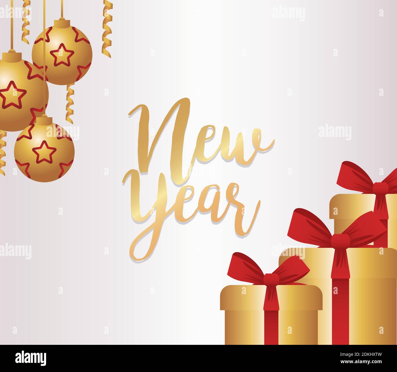 happy new year lettering card with stars in golden balls and gifts ...