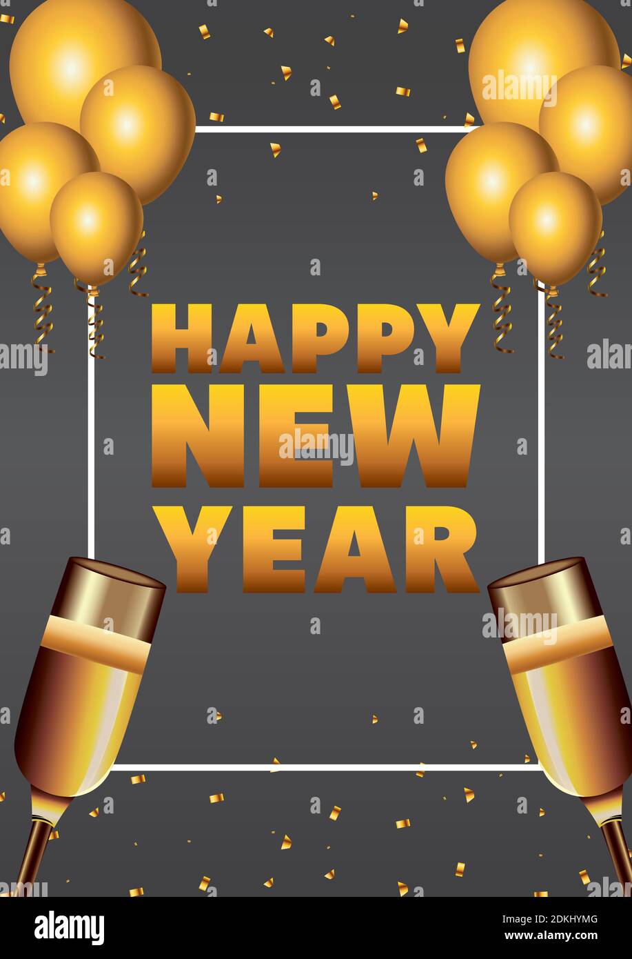 happy new year lettering card with golden champagne cups and balloons ...