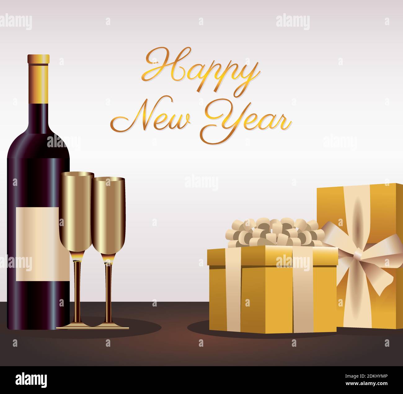 happy new year lettering card with golden gifts and champagne vector ...