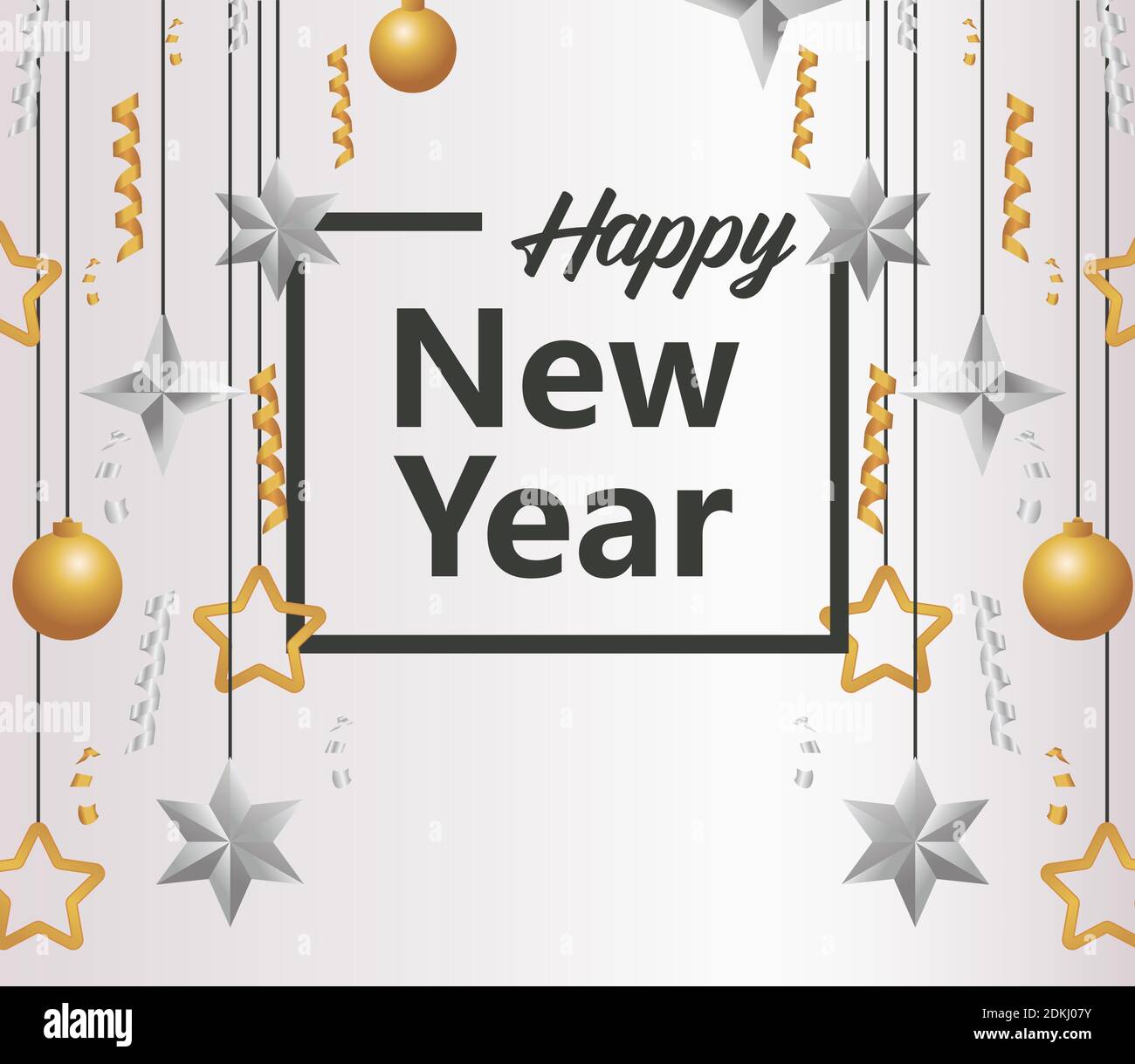 happy new year lettering card with balls and stars hanging vector ...