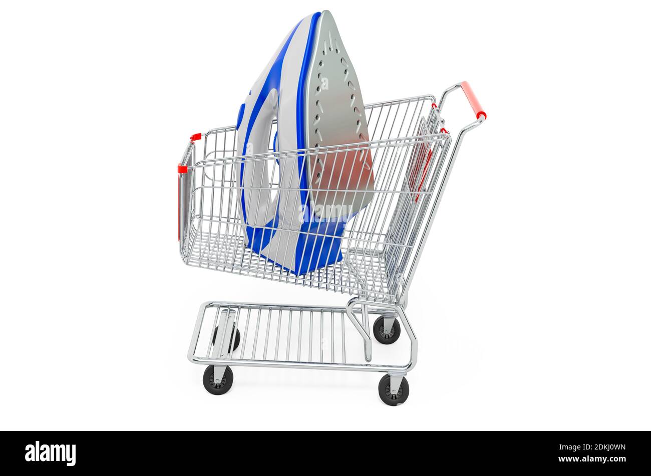 Electric steam iron inside shopping cart, 3D rendering isolated on