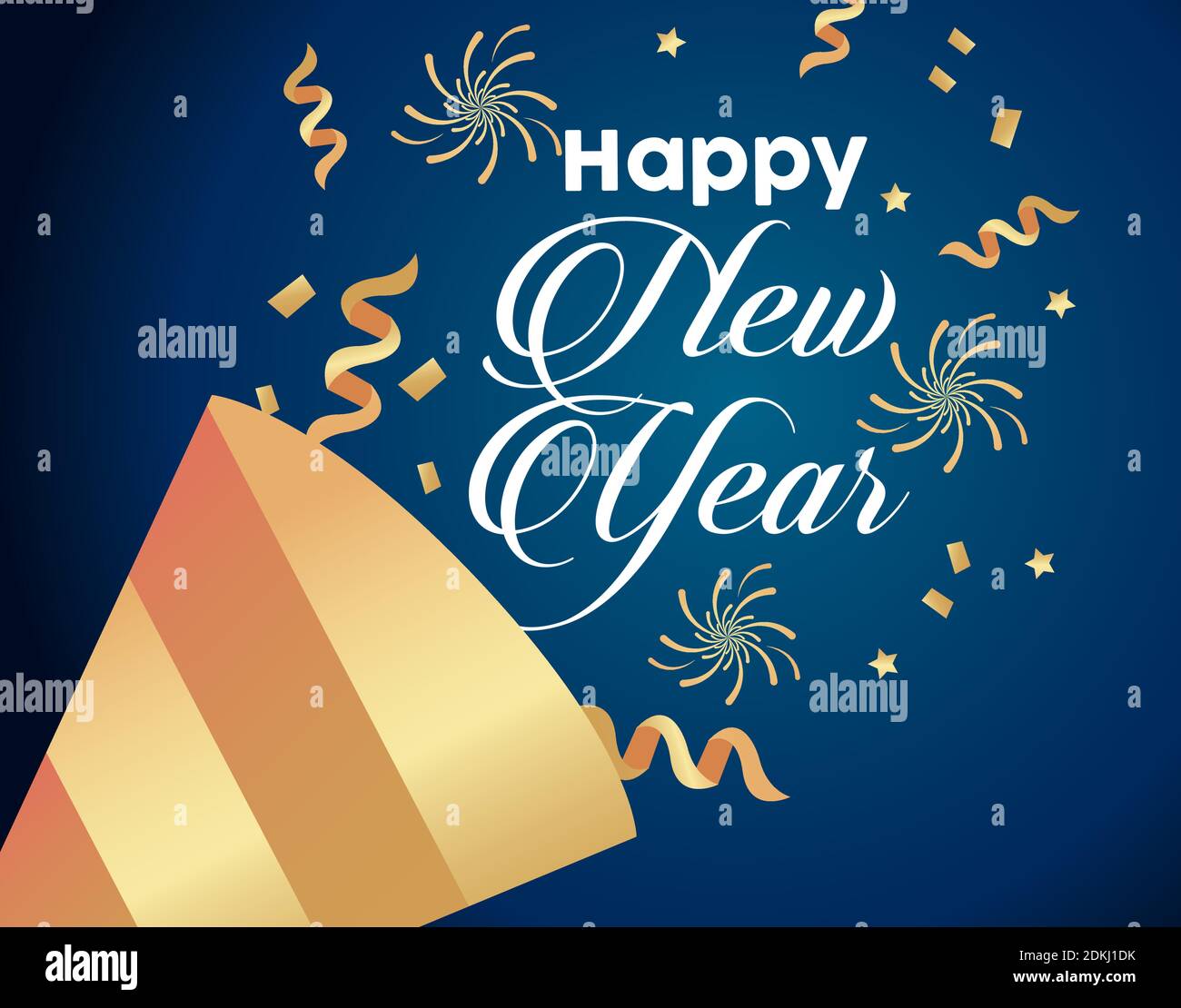 happy new year lettering golden card with cornet party vector ...