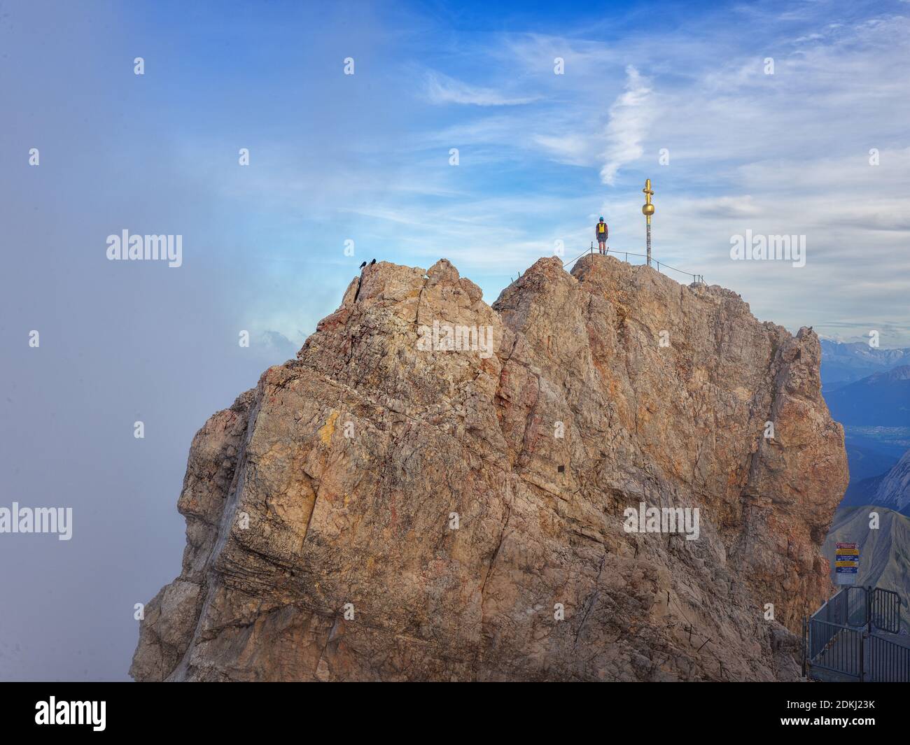 Rocks, ridge, summit, clouds, mountains, alpine, rugged, abyss, vision, via ferrata, alpine hiking trail, Jubiläumsgrat, summit stick Stock Photo