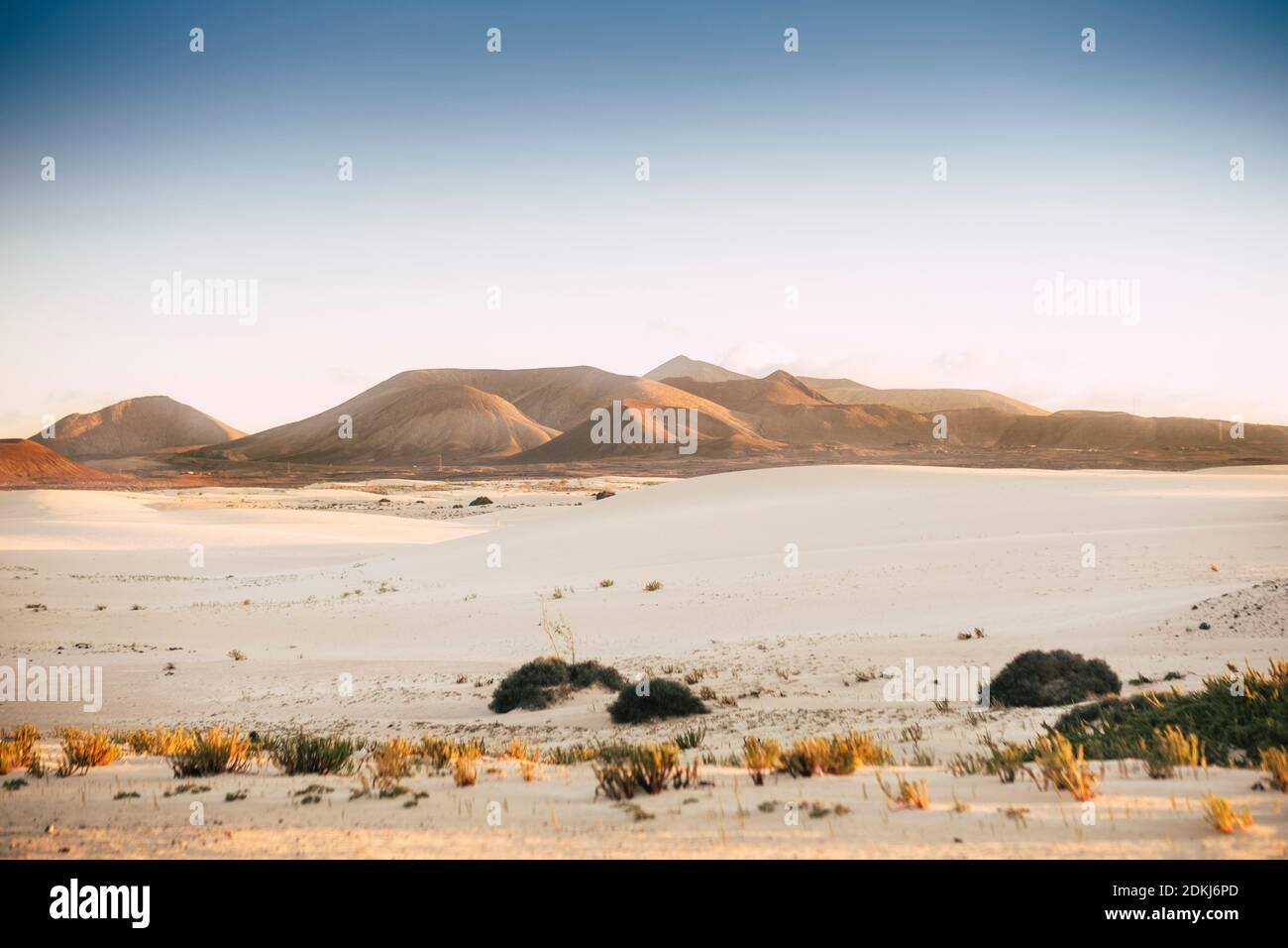 Desert landscape with mountains in background - concept of arid planet and global worming for weather change - blue sky and orange ground colors Stock Photo