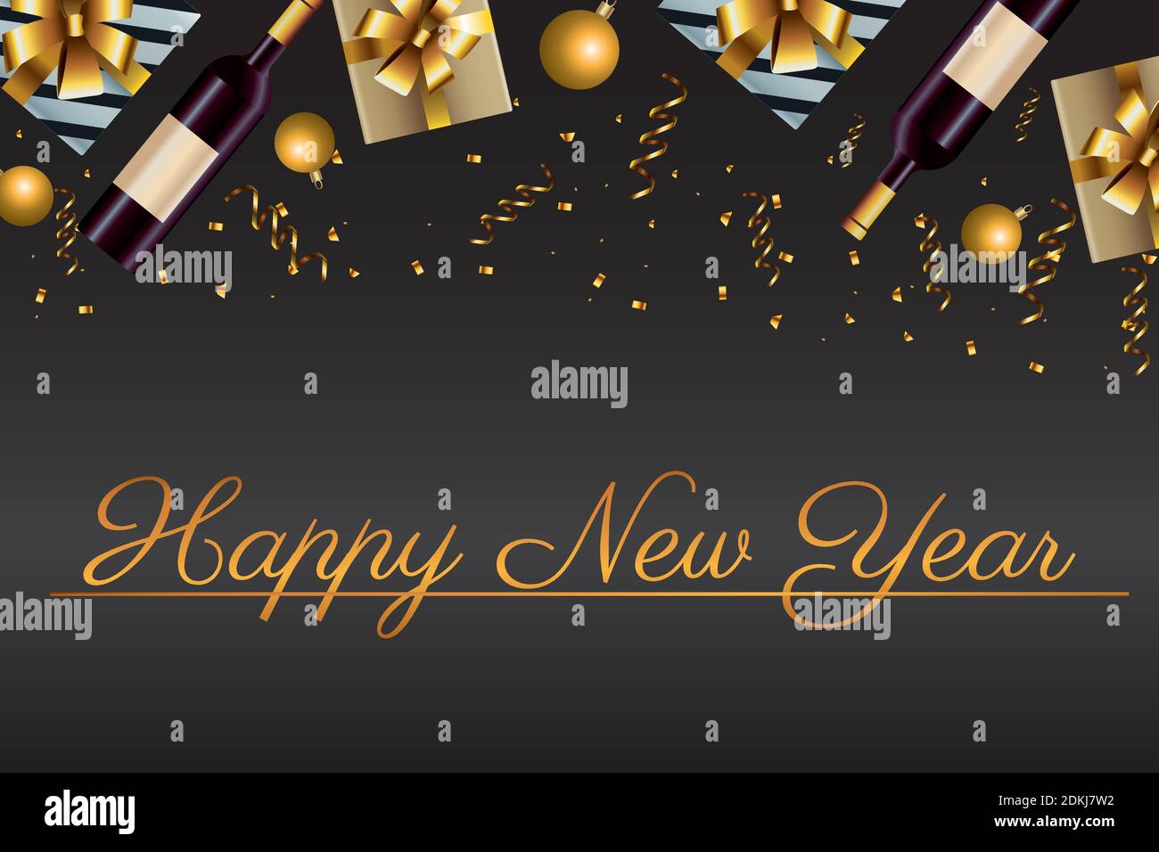 happy new year lettering card with gifts and champagne vector ...