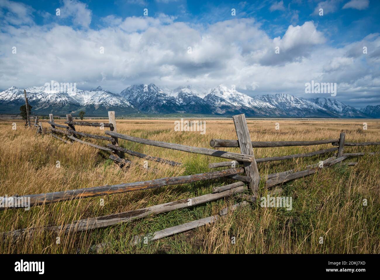 Post and rail fence and the Teton Range from Mormon Row, Grand Teton National Park, Wyoming, USA. Stock Photo