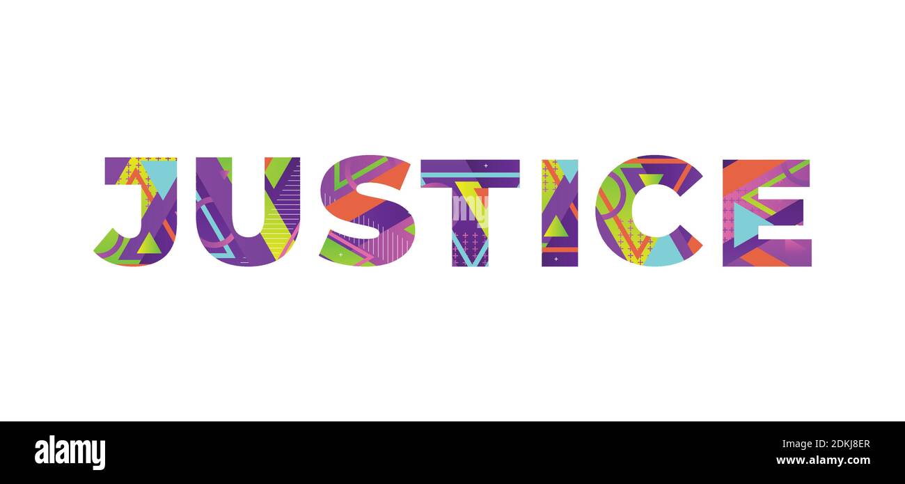 The word JUSTICE concept written in colorful retro shapes and colors