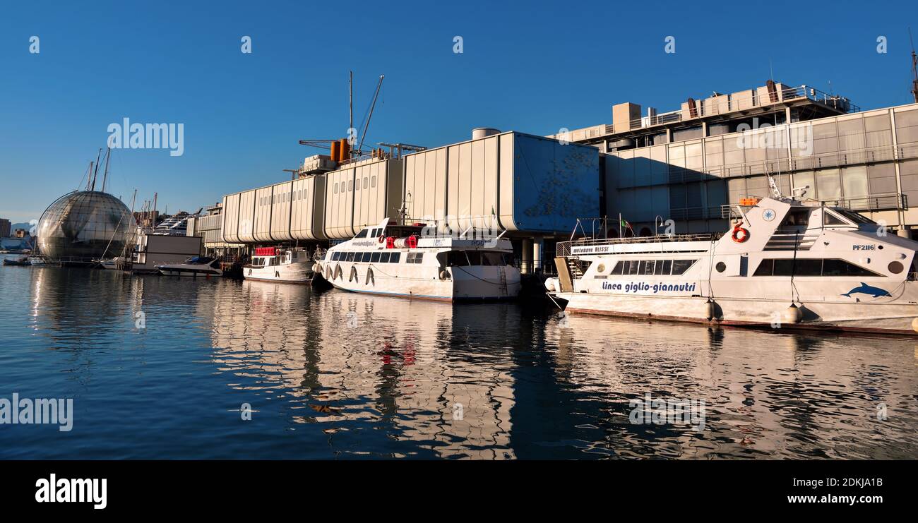 aquarium, bubble (renzo piano biosphere) and panorama of the port and the city December 13 2020 Genoa Italy Stock Photo