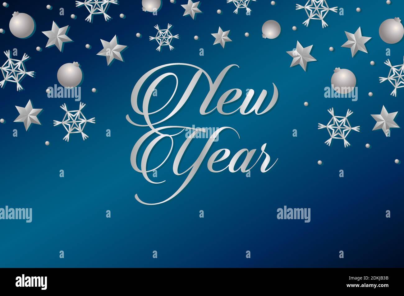 happy new year lettering card with silver stars and balls vector ...