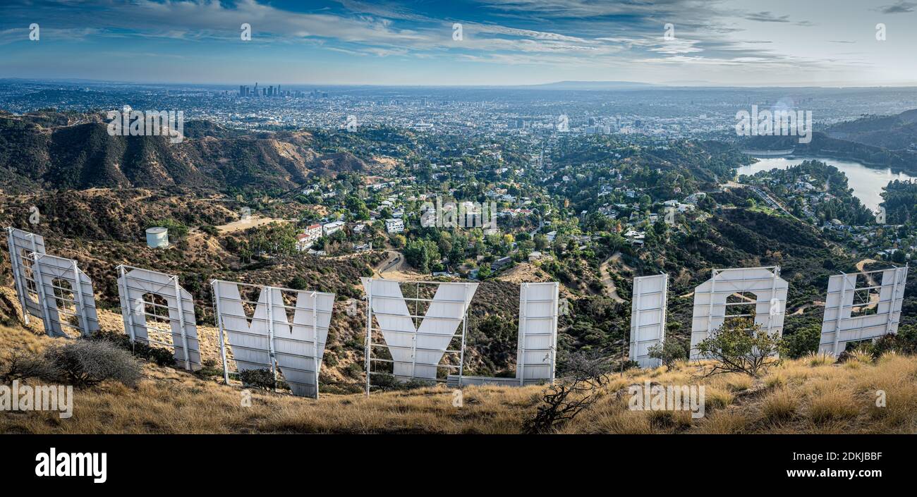 LOS ANGELES, CALIFORNIA - December 13, 2020: The Hollywood sign overlooking Los Angeles. The iconic sign was originally created in 1923. - Image Stock Photo