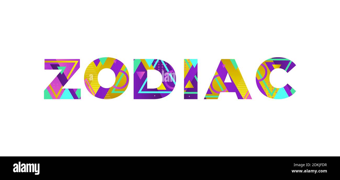The word ZODIAC concept written in colorful retro shapes and colors