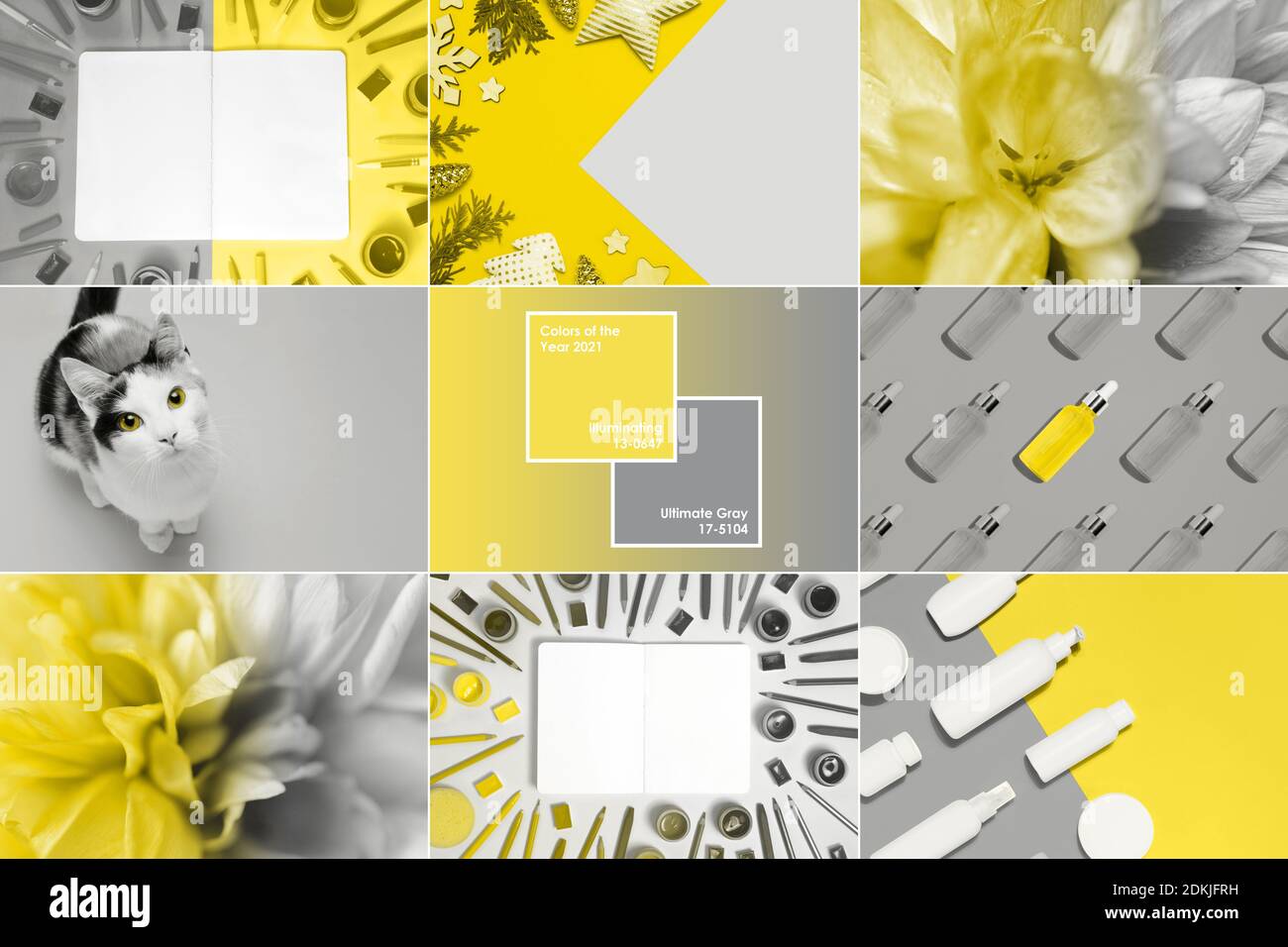 Collage demonstrating color of the year 2021 with frame and text . Trendy colors - Illuminating Yellow and Ultimate Grey Stock Photo