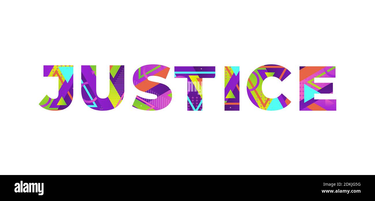 The word JUSTICE concept written in colorful retro shapes and colors