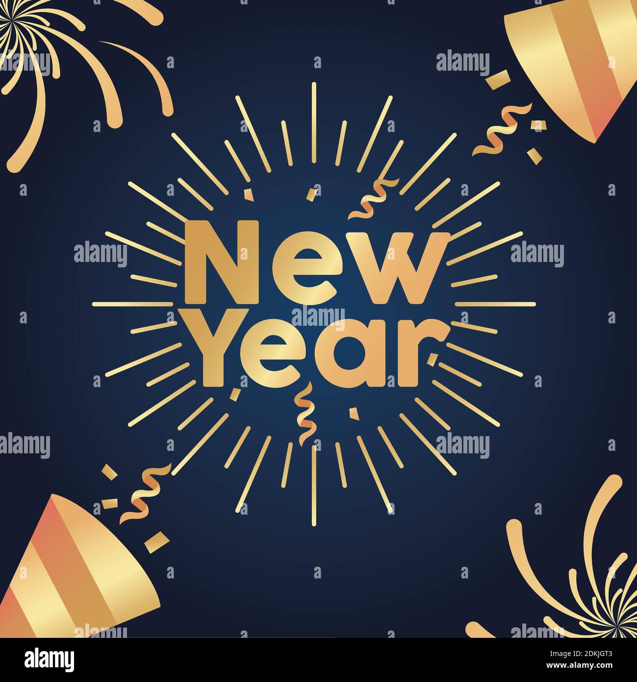 new year golden lettering card with cornets party vector illustration ...
